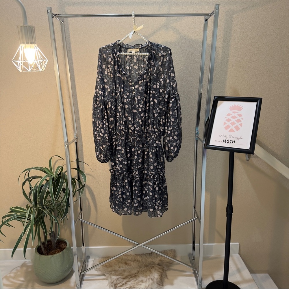 Lovestitch size L sheer long sleeve tasseled front floral flowy mini dress